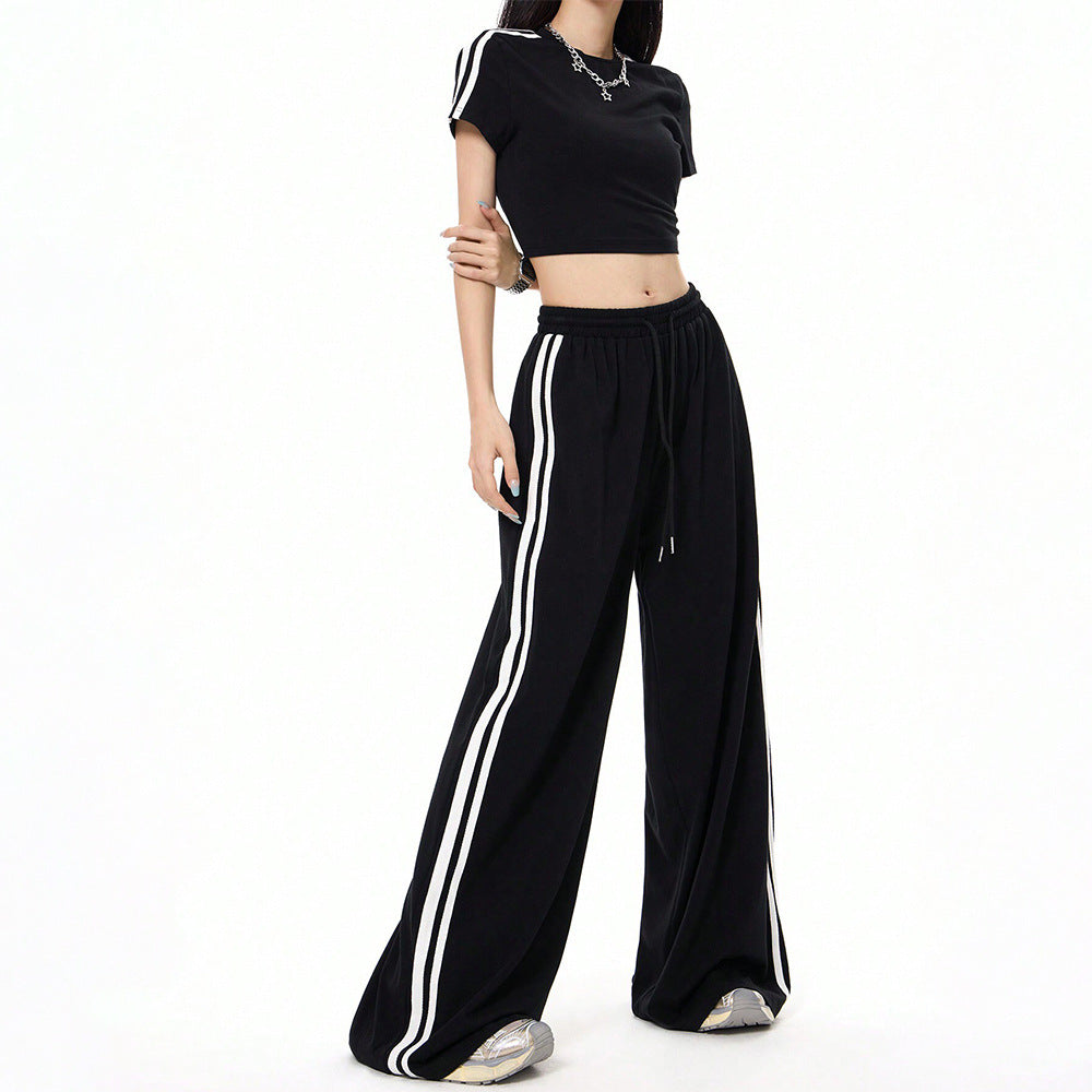 Damen lässige Highwaist weite Sweathose mit elastischem Bund, Tunnelzug und seitlichen Kontraststreifen Shop Nory