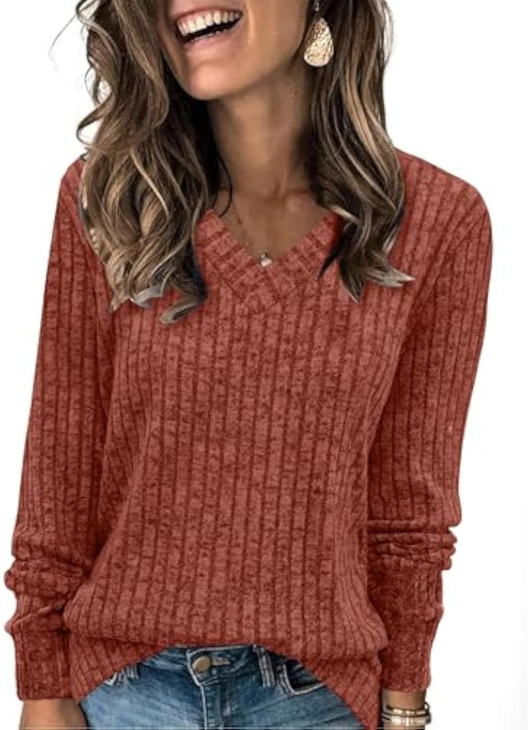 Damen gerippter V‑Ausschnitt Feinstrickpullover mit längerem Arm Shop Nory