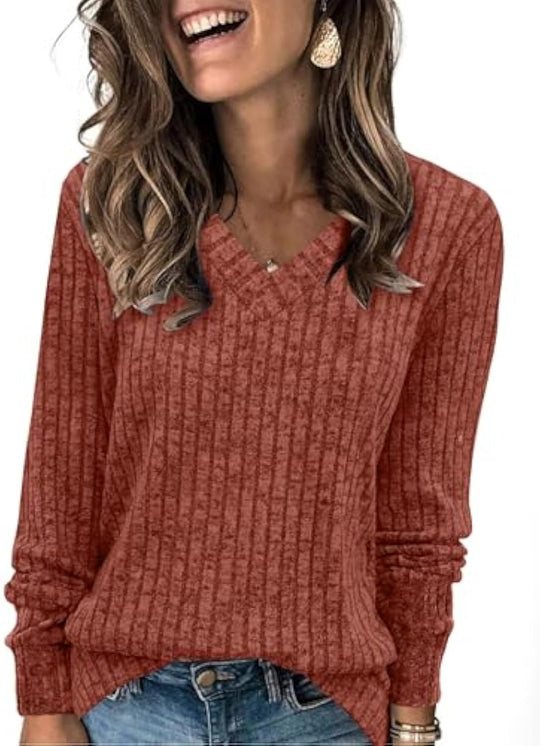 Damen gerippter V‑Ausschnitt Feinstrickpullover mit längerem Arm Shop Nory