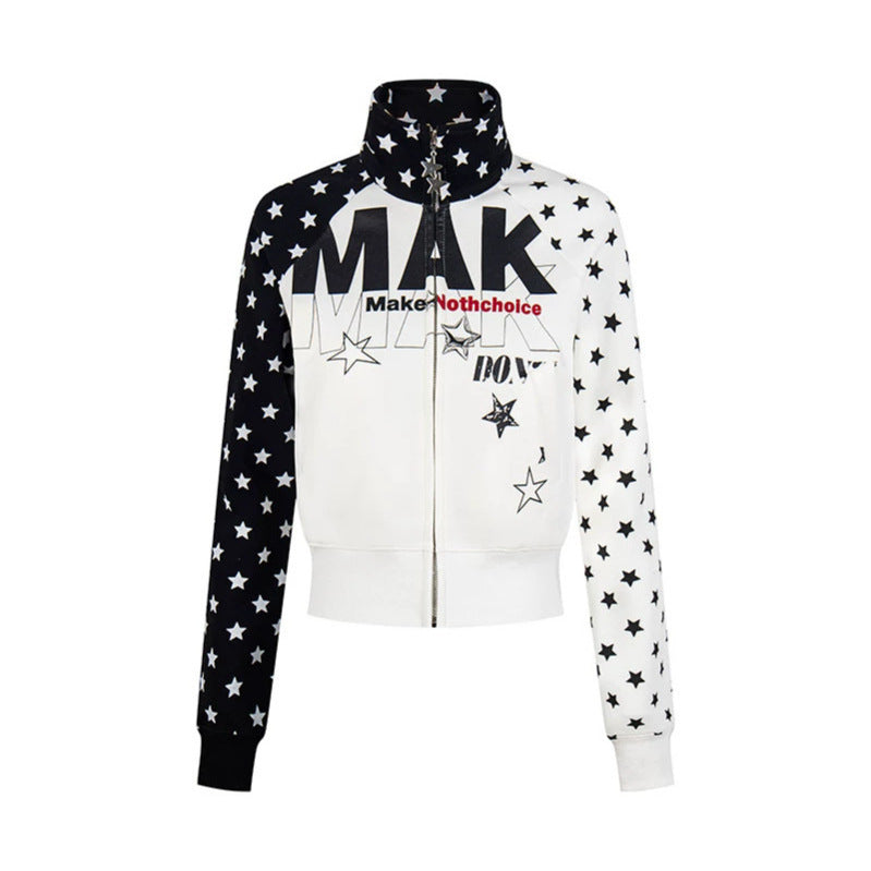 Damen Kurz geschnittene Zip‑Up Sweatjacke mit Stehkragen, Sternprint und Raglanärmeln Shop Nory