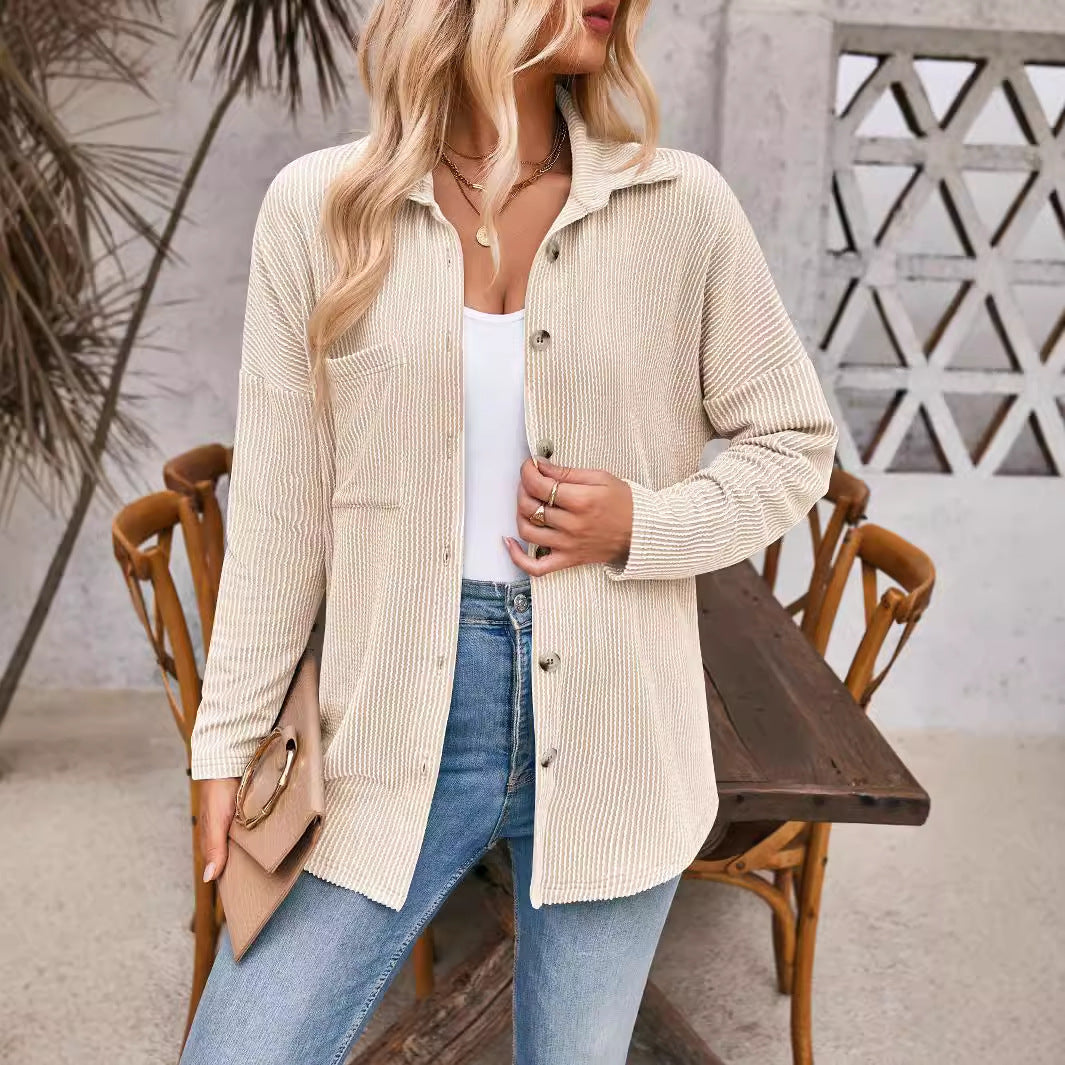 Damen Gerippte Oversize-Hemdjacke mit durchgehender Knopfleiste und Hemdkragen Shop Nory