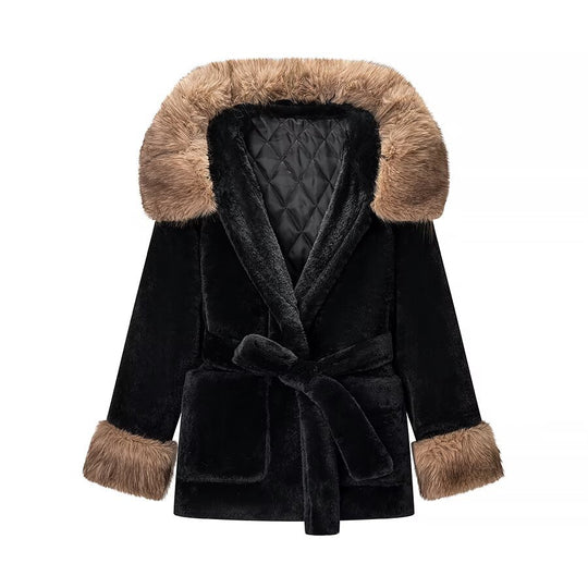 Damen Kurzmantel mit Kapuze und Taillengürtel aus Kunstpelz Shop Nory