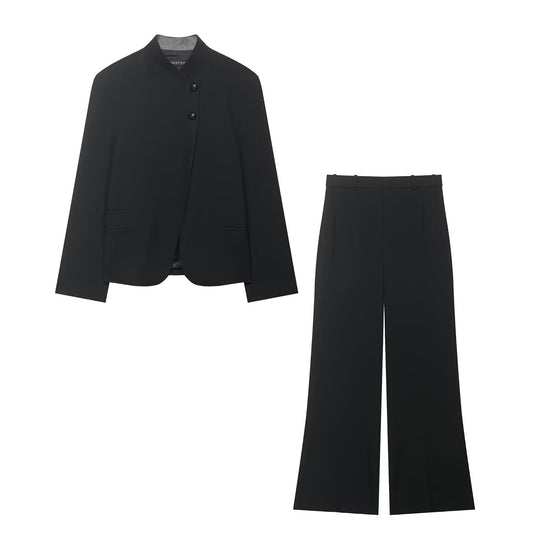 Damen Zweiteiliges Anzugs-Set mit Kurzblazer im Mandarinkragen und Highwaist-Weitbein-Hose Shop Nory