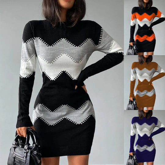 Frauen Figurbetonendes Feinstrick Mini Kleid mit Zickzackstruktur und Rundhalsausschnitt Shop Nory