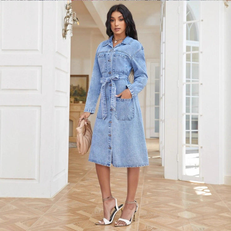 Damen Midikleid aus Denim mit Taillengürtel und durchgehender Knopfleiste Shop Nory