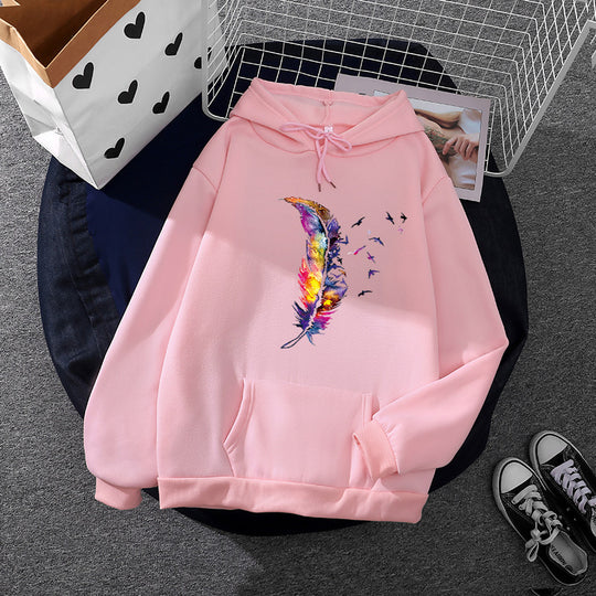 Damen nan Kapuzenpullover mit künstlerischem Aquarell‑Federmotiv, Oversize‑Schnitt und Kängurutasche Shop Nory