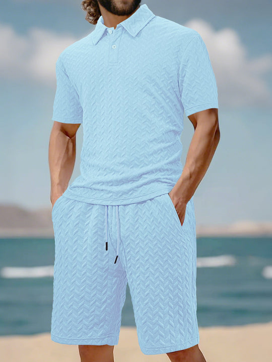 Herren nan geprägtes Strand-Ensemble mit offenem Kurzarm-Hemd und Kordel-Bermuda