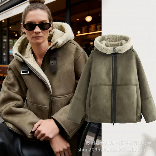 Damen Kapuzen-Lammfellimitat-Bomberjacke mit Teddyfutter und Reißverschluss Shop Nory