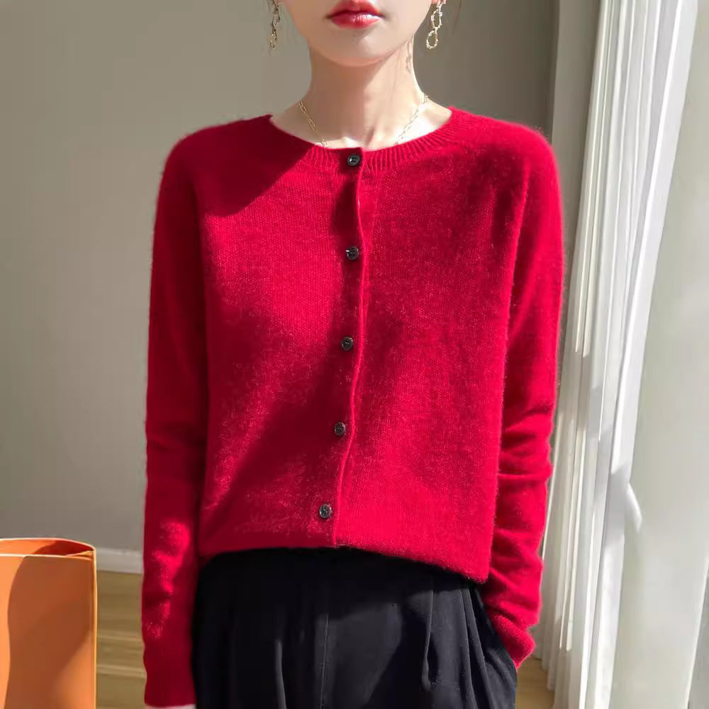 Damen Kurzgeschnittener Feinstrick-Cardigan mit Rundhalsausschnitt und schimmernder Knopfleiste Shop Nory