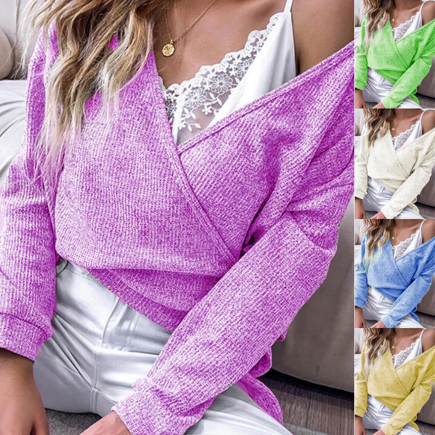 Damen feiner Strickwickelpullover mit tiefem V-Ausschnitt, überschnittenem Schulter und melierter Textur Shop Nory