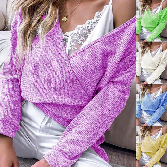 Damen feiner Strickwickelpullover mit tiefem V-Ausschnitt, überschnittenem Schulter und melierter Textur Shop Nory