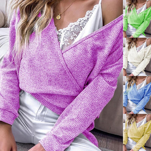 Damen feiner Strickwickelpullover mit tiefem V-Ausschnitt, überschnittenem Schulter und melierter Textur Shop Nory
