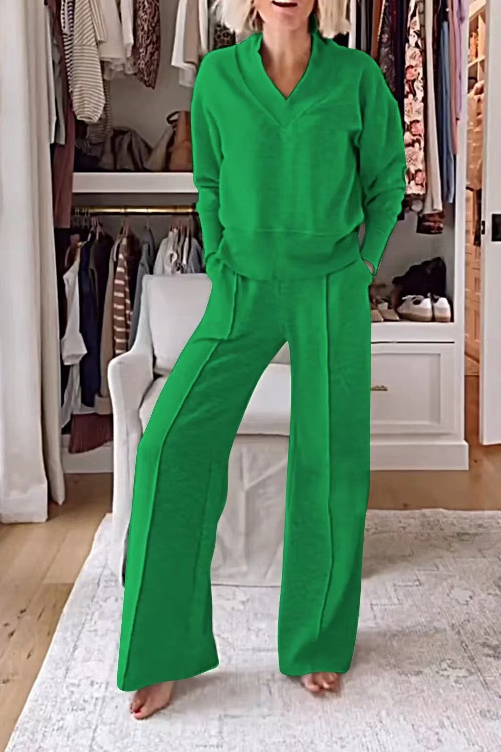 Damen Zweiteiliges Lounge-Set aus weichem Jersey mit V-Ausschnitt und weitem Palazzohosen-Schnitt Shop Nory