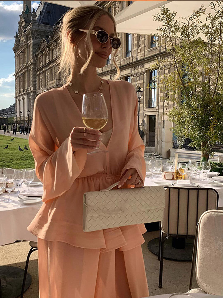Damen Zweiteiliges Chiffon-Set mit V-Ausschnitt, voluminösen Ärmeln und Plissee-Maxirock Shop Nory