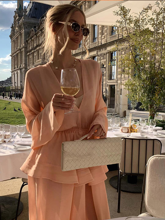 Damen Zweiteiliges Chiffon-Set mit V-Ausschnitt, voluminösen Ärmeln und Plissee-Maxirock Shop Nory