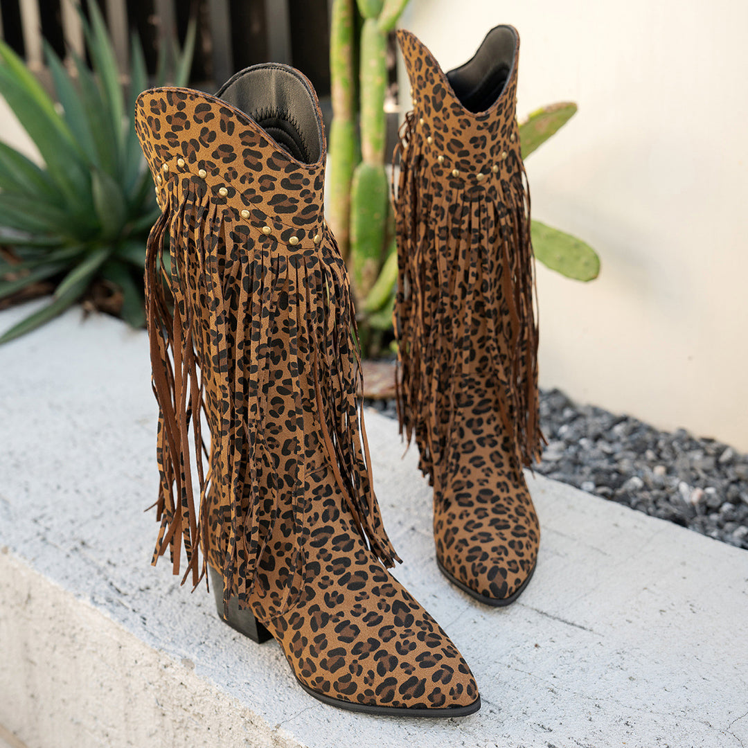 Damen Wadenhohe Wildleder Westernstiefel mit langen Fransen und Ziernieten Shop Nory