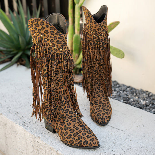 Damen Wadenhohe Wildleder Westernstiefel mit langen Fransen und Ziernieten Shop Nory