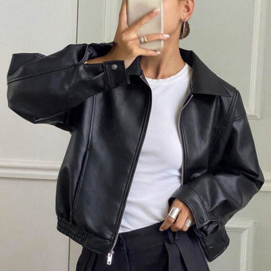 Damen Oversized Lederjacke im Bomberstil mit elastischem Saum Shop Nory