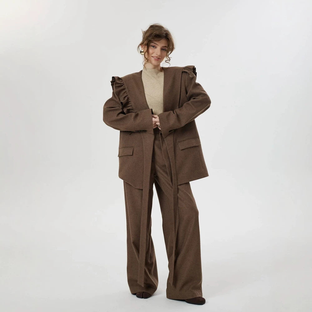 Damen Zweiteiliges Oversize-Blazer-und-Hose-Set mit Volant-Schulter und hoher Bundfalte Shop Nory