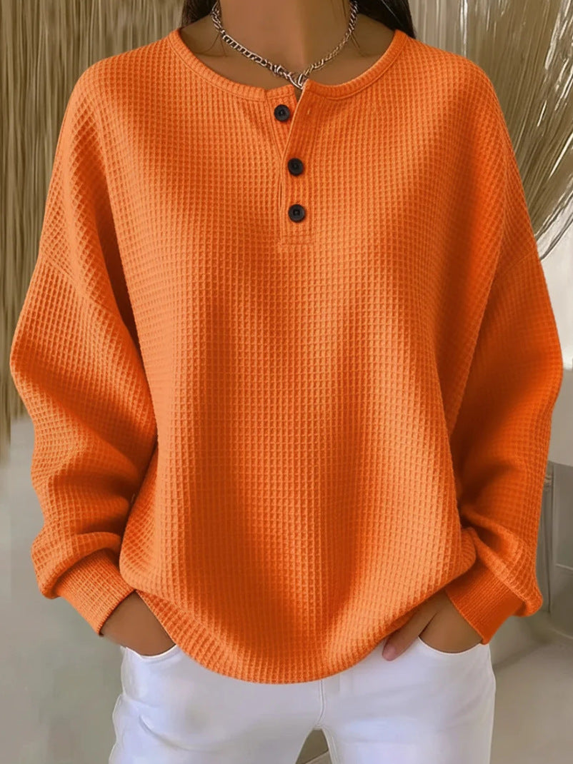 Damen Oversize Waffelstrick-Henleyshirt mit Knopfleiste und Rundhalsausschnitt Shop Nory