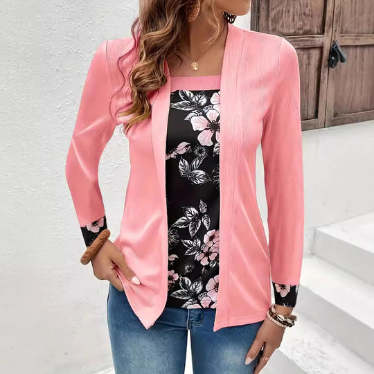 Damen Offener Longcardigan mit strukturierter Crinkle‑Optik und floralem Einsatztop Shop Nory
