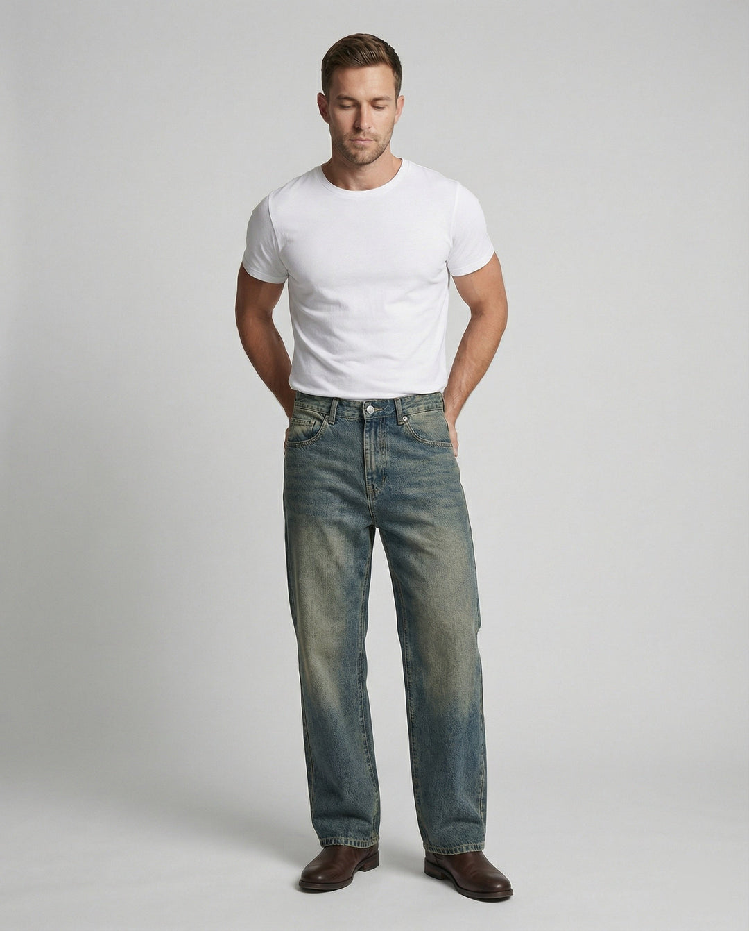 Herren Retro Jeans Straight Leg Washed Vibe High Street Denim Blau