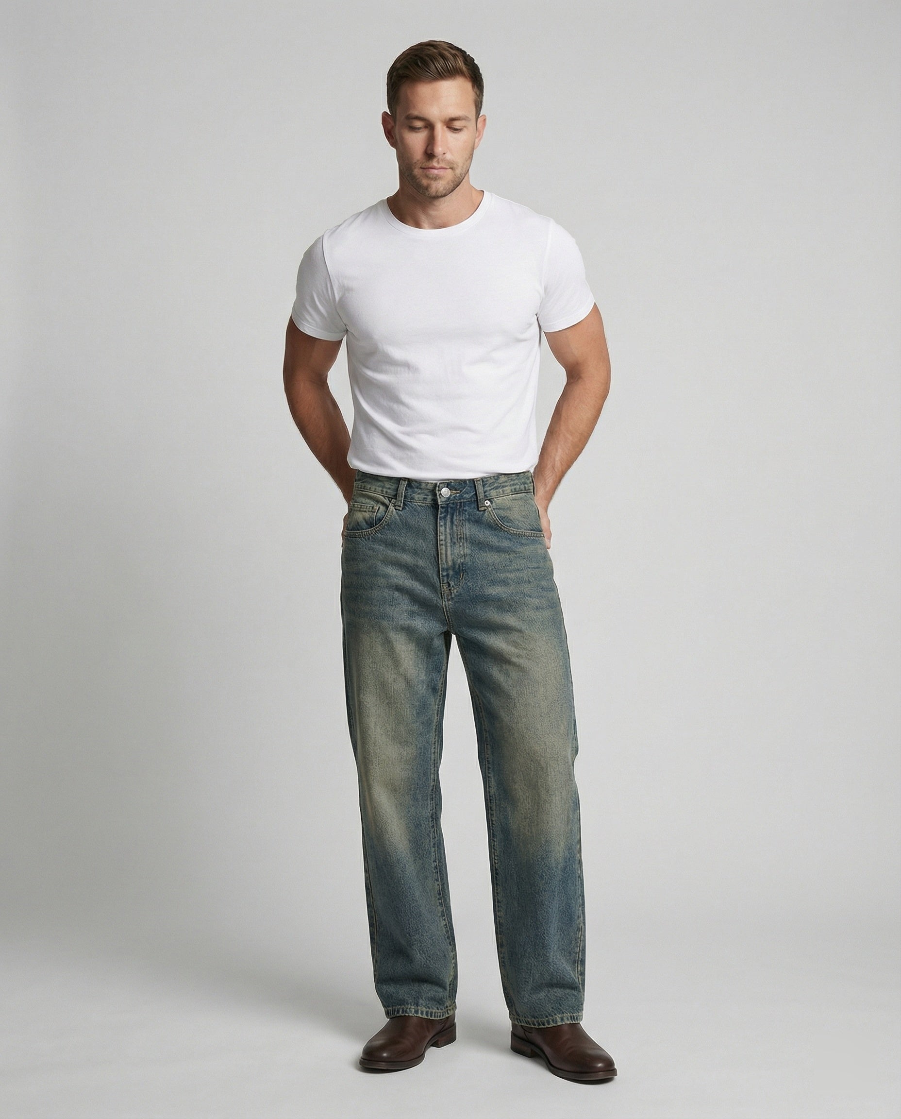 Herren Retro Jeans Straight Leg Washed Vibe High Street Denim Blau