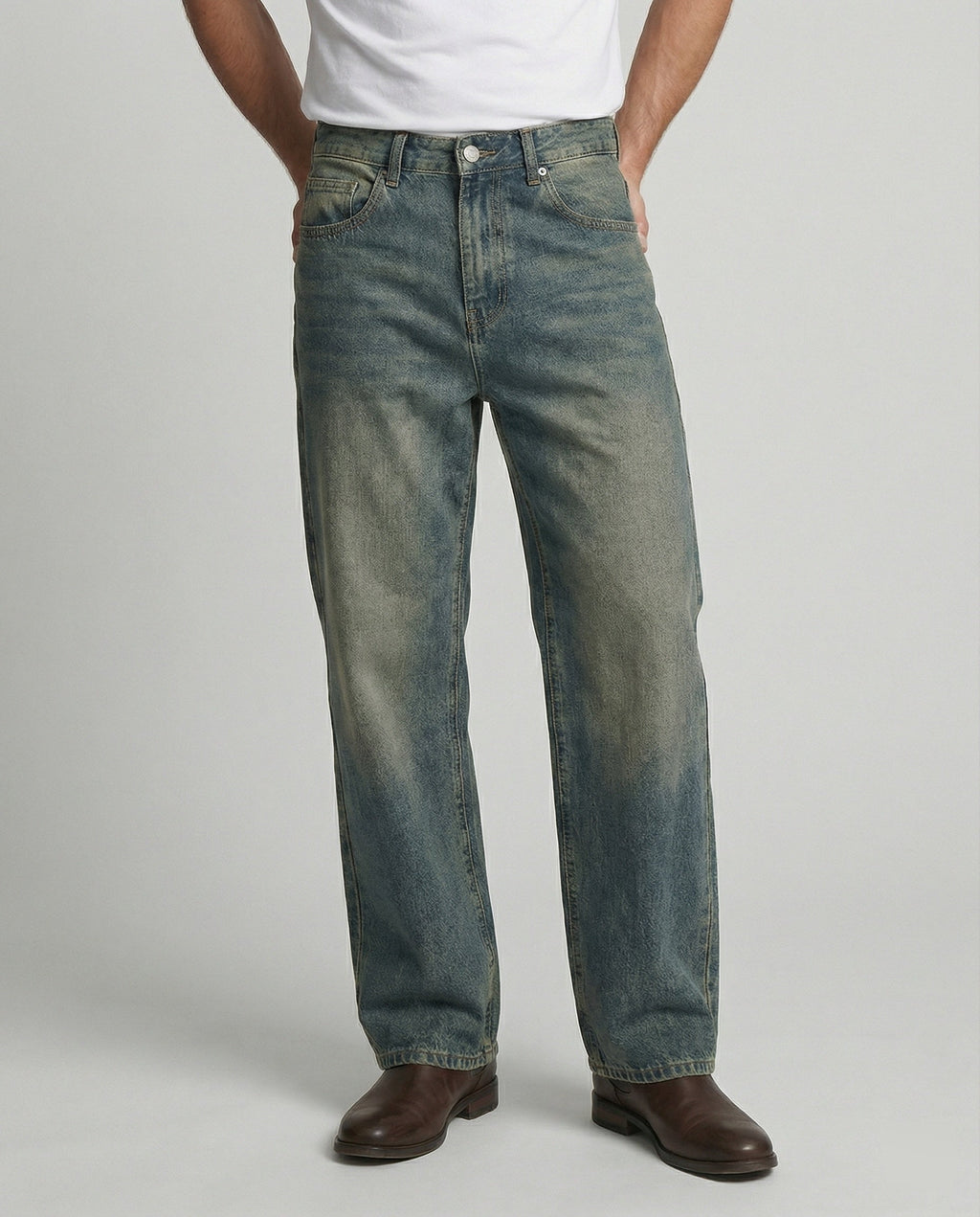 Herren Retro Jeans Straight Leg Washed Vibe High Street Denim Blau