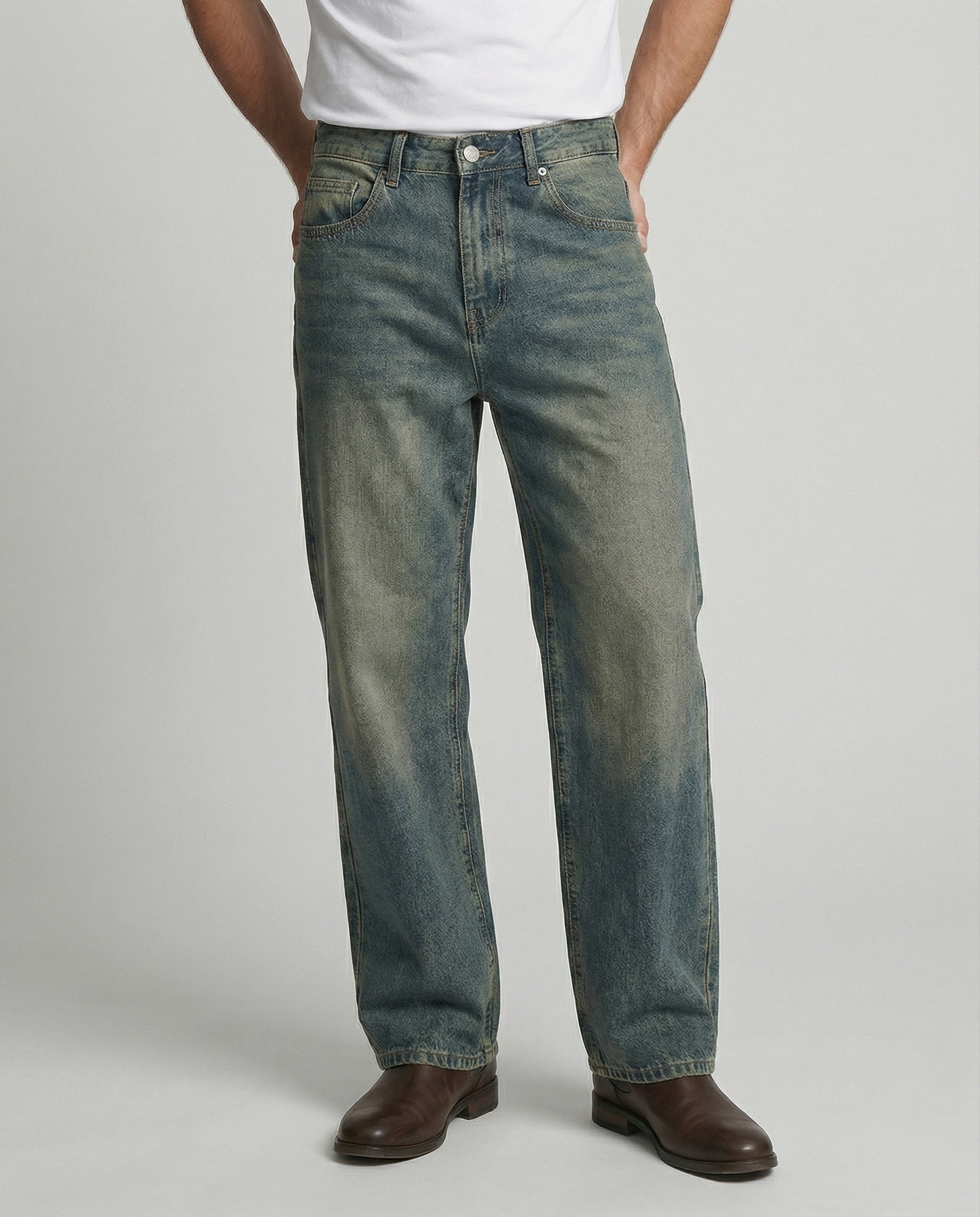 Herren Retro Jeans Straight Leg Washed Vibe High Street Denim Blau