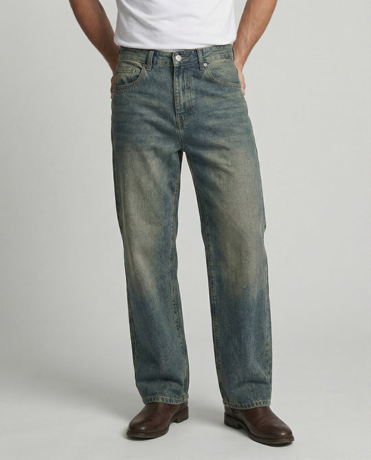 Herren Retro Jeans Straight Leg Washed Vibe High Street Denim Blau