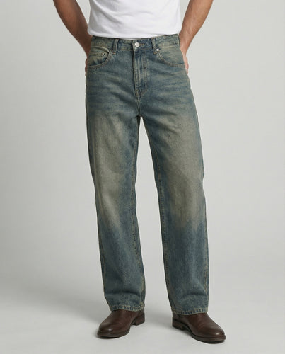 Herren Retro Jeans Straight Leg Washed Vibe High Street Denim Blau