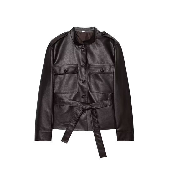 Damen Cropped Safari‑Jacke aus veganem Leder mit Bindegürtel und Epauletten Shop Nory