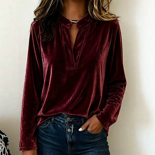 Damen Samtbluse mit Stehkragen, tiefem V-Ausschnitt und lockerem Langarm-Schnitt Shop Nory