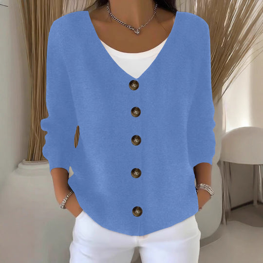 Damen Lockerer V-Ausschnitt Feinstrick-Cardigan mit Holzknopfleiste Shop Nory