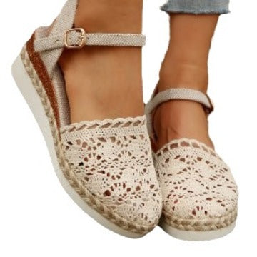 Damen Espadrille-Sandalen mit filigranem Häkel-Design und elastischem Knöchelriemen