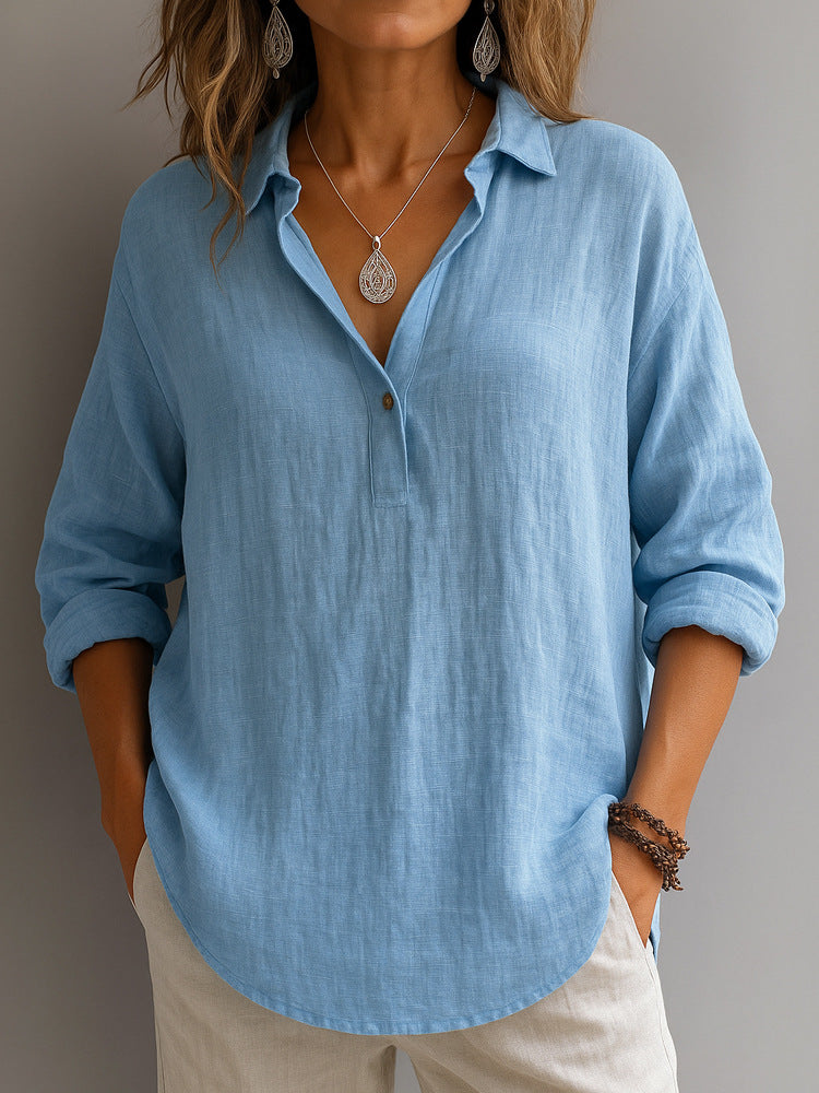 Damen lässige Bluse mit V-Ausschnitt und geknöpftem Kragen Shopnory