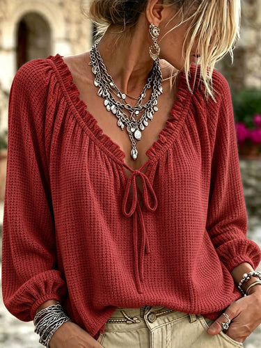 Damen Waffelstrick-Longsleeve mit tiefem V-Ausschnitt, Rüschenblende und Kordelzug Shop Nory