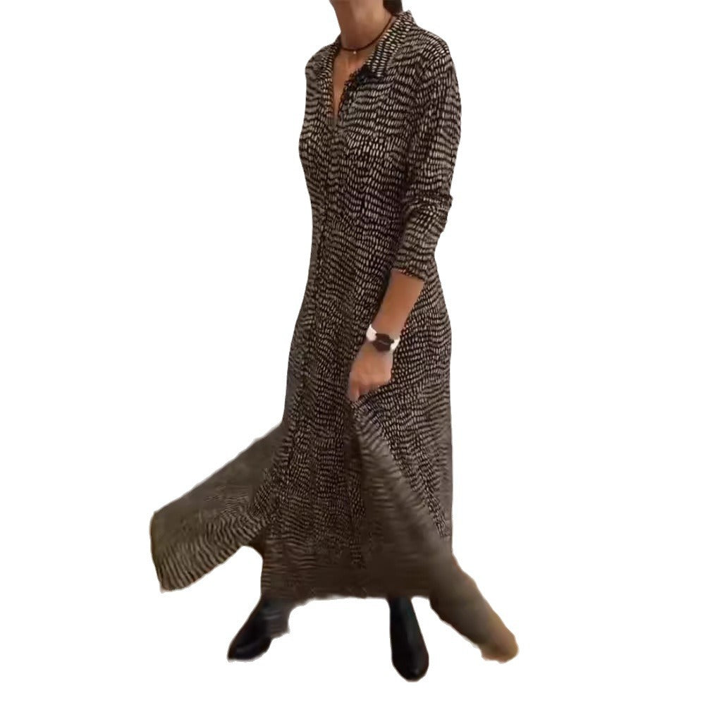 Damen nan fließendes Maxikleid mit Hemdblusenkragen, V-Ausschnitt, dreiviertelärmeln und Seitentaschen