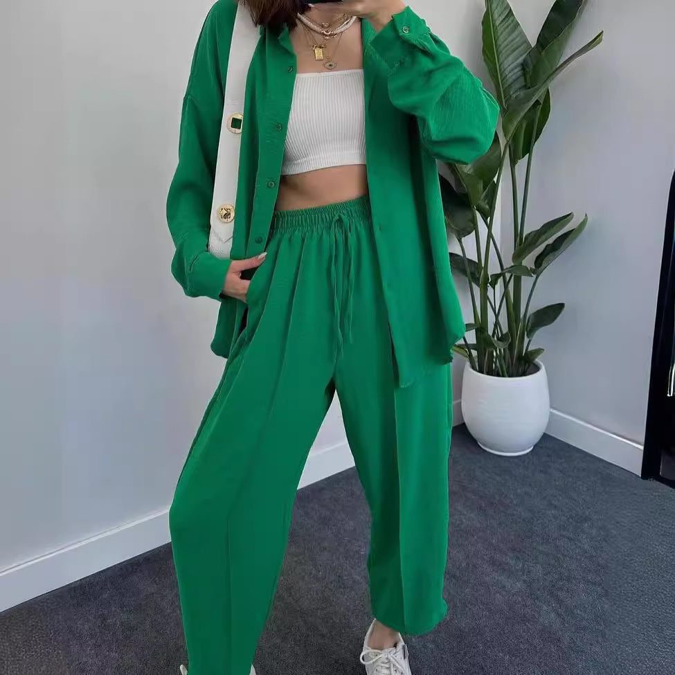 Damen Lässiges zweiteiliges Lounge-Set aus Crêpe mit Oversize-Hemd und hohem Elastikbund Shop Nory