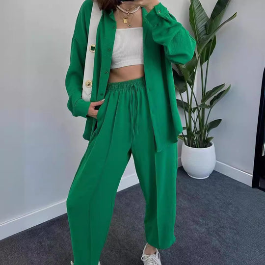 Damen Lässiges zweiteiliges Lounge-Set aus Crêpe mit Oversize-Hemd und hohem Elastikbund Shop Nory