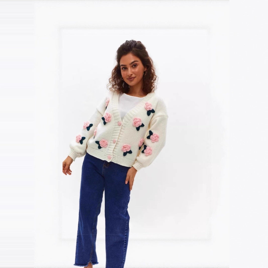 Damen Kuschelige Strickjacke mit Blumenapplikationen Shop Nory