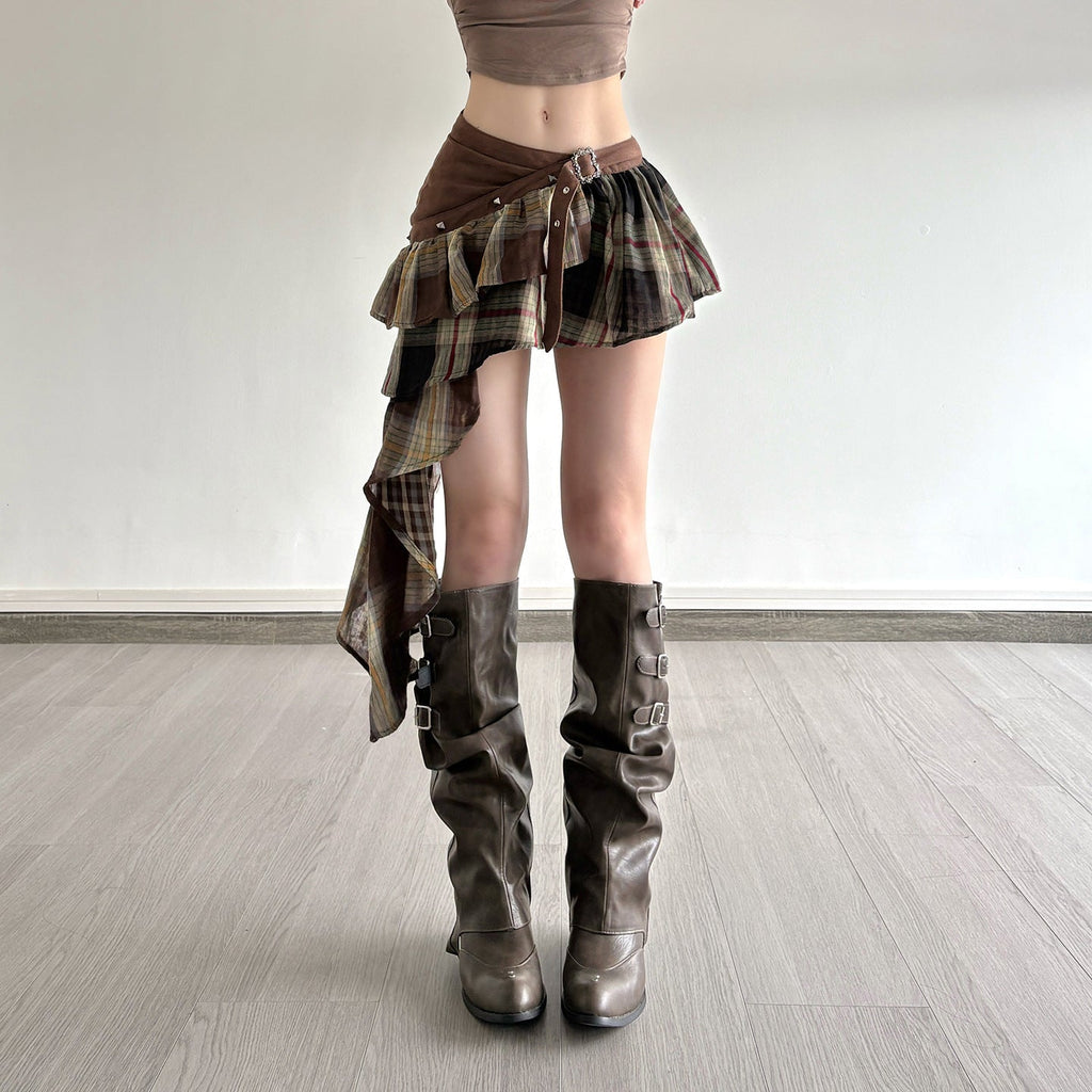Damen Verspielter Karorock mit asymmetrischem Schnitt und verstellbarem Bund