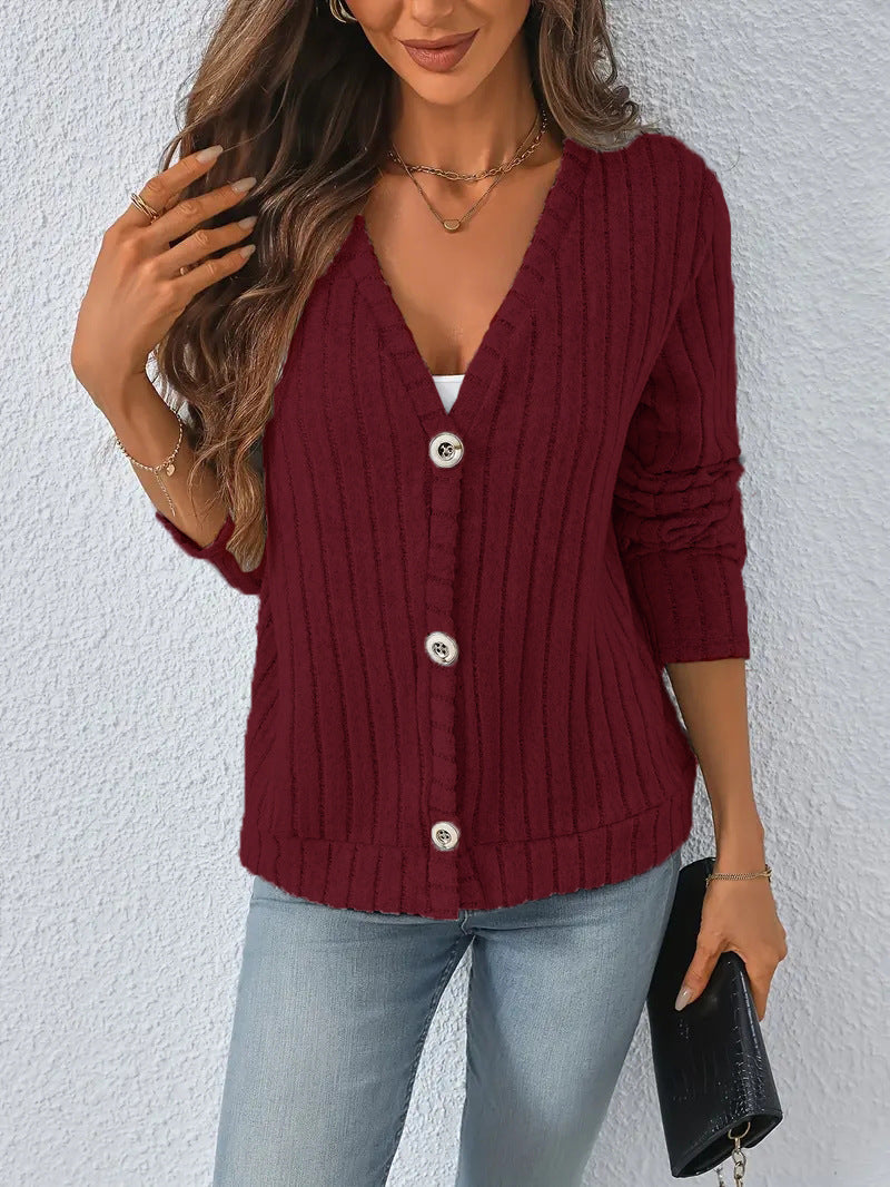 Damen gerippter V-Ausschnitt Strickcardigan mit dekorativen Knöpfen, leicht überschnittener Schulter und kastigem Saum Shop Nory