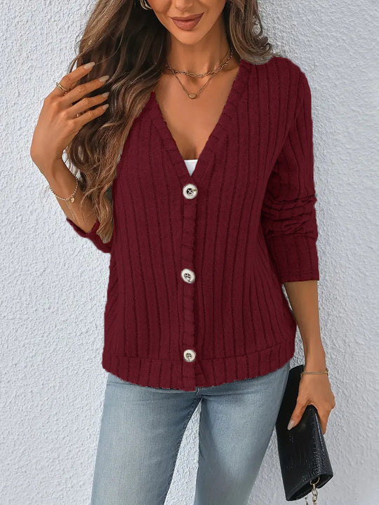 Damen gerippter V-Ausschnitt Strickcardigan mit dekorativen Knöpfen, leicht überschnittener Schulter und kastigem Saum Shop Nory