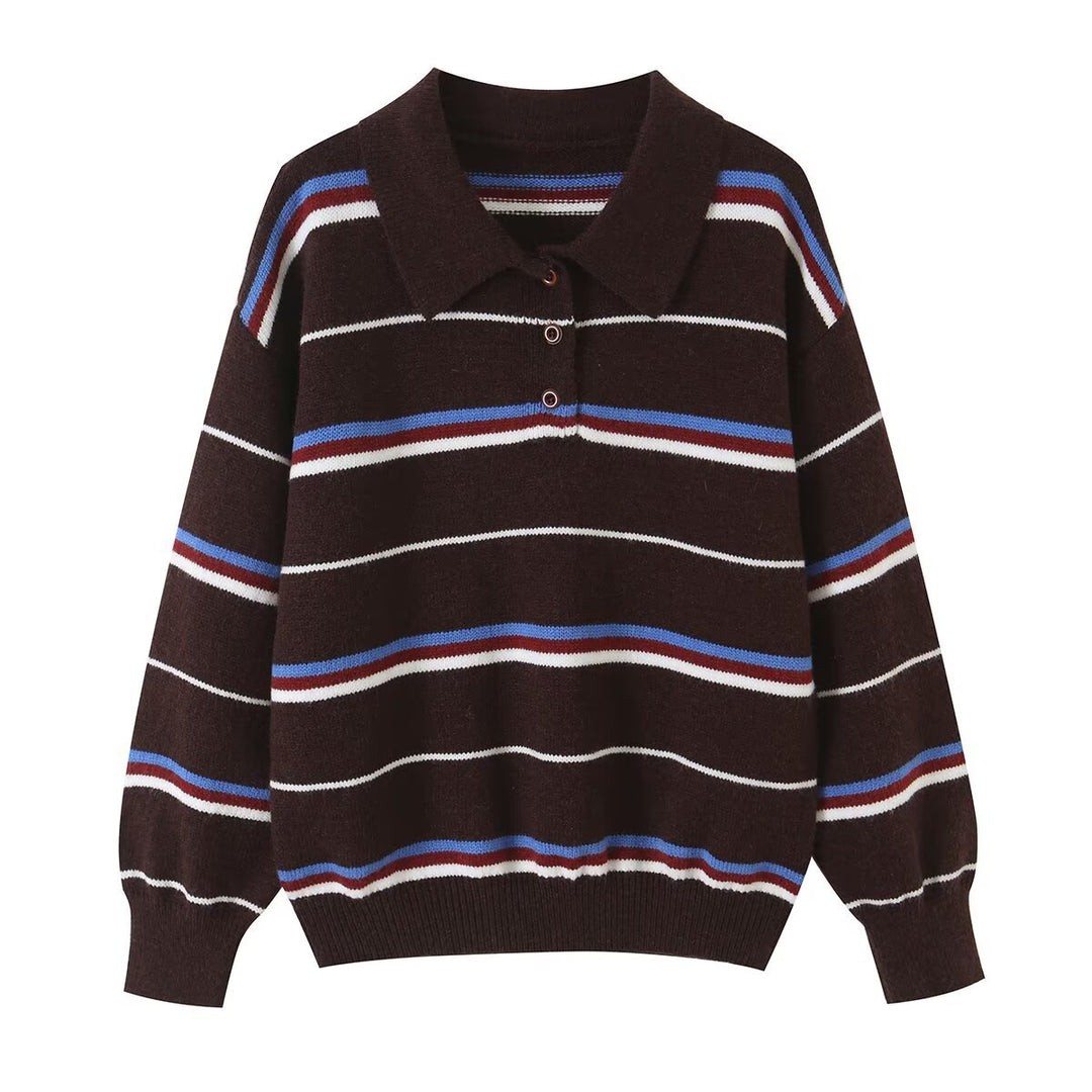 Damen Gestreifter Strickpolopullover mit kurzer Knopfleiste und Rippbündchen Shop Nory