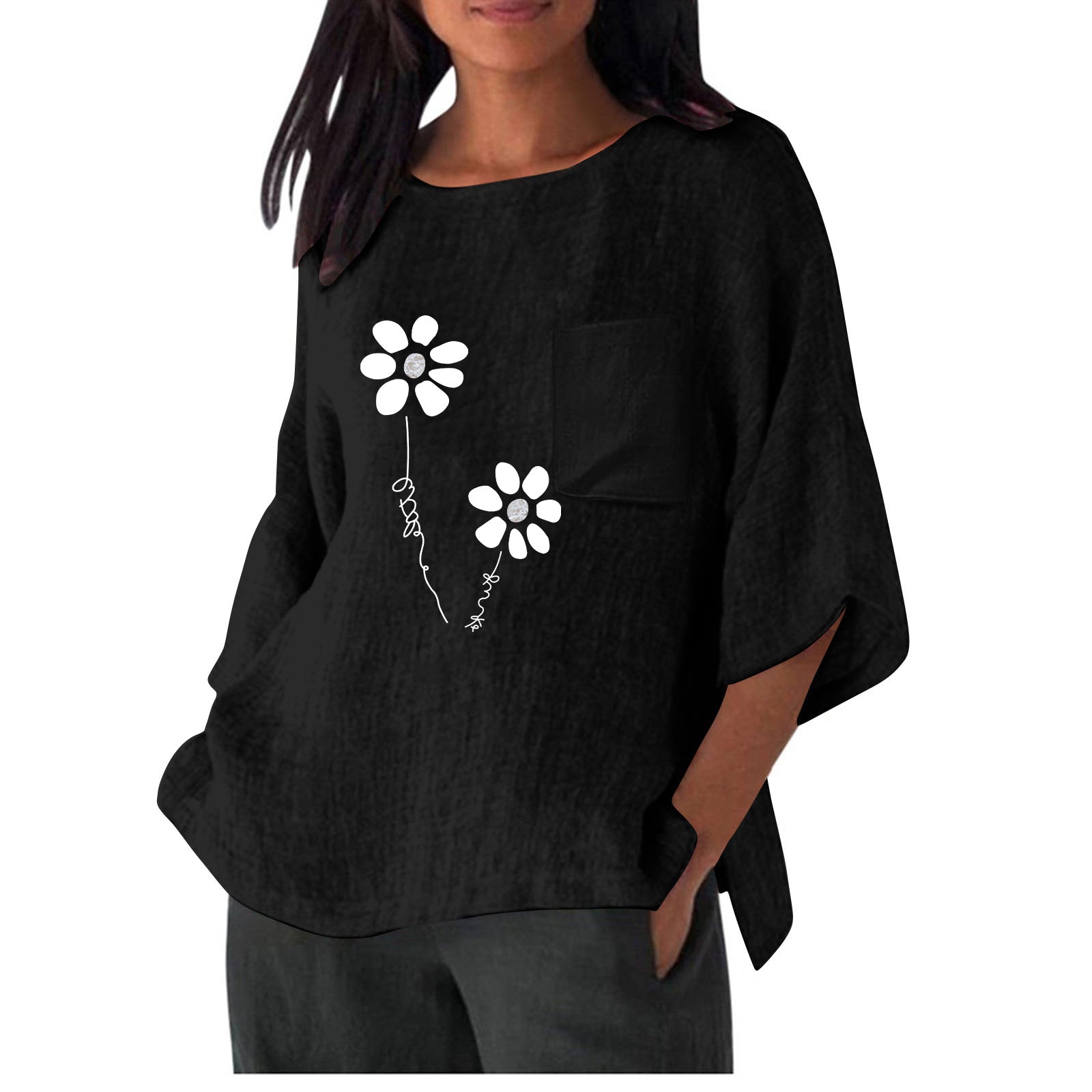 Damen lässiges Blusenshirt mit einzigartigem Blumenprint und praktischem Brusttaschen Shopnory