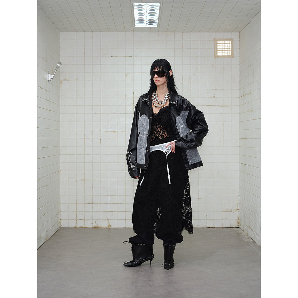 Unisex Boxy-Blouson aus Lederimitat und Wollmix mit Westernstickerei Shop Nory