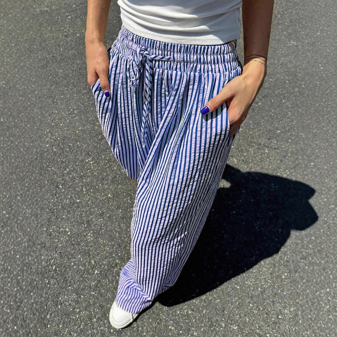 Damen Marlene-Streifenhose aus Leinenmix mit weitem Bein, Elastikbund und Kordelzug Shop Nory