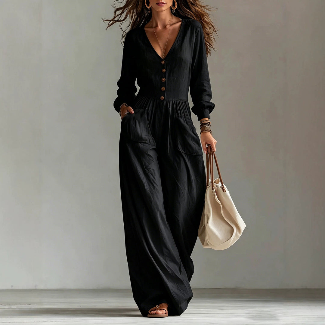 Damen Leinen-Einteiler mit V-Ausschnitt, Knopfleiste und weitem Beinschnitt Shop Nory