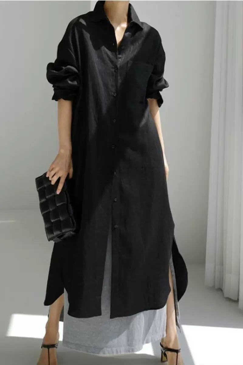 Damen Oversize-Leinen-Hemdmaxikleid mit Stehkragen, Krempelärmeln und hohen Seitenschlitzen Shop Nory